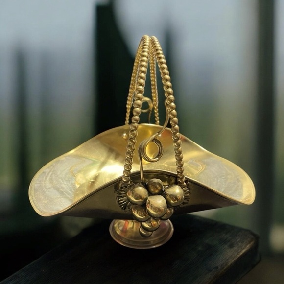 Other - Vintage Solid Brass Basket With Handle Made In Italy With Leaf And Grape Design